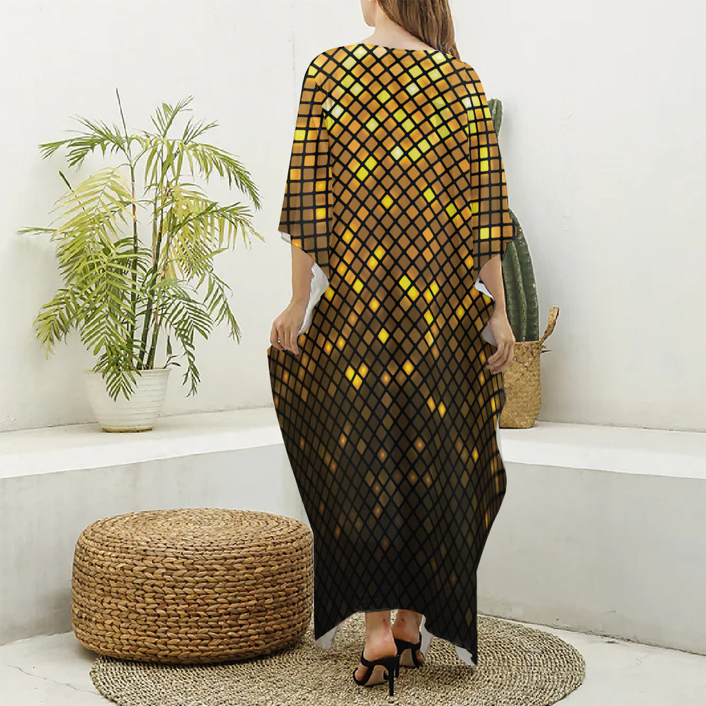 Gold Disco Lights Pattern Print Silk V-Neck Kaftan Dress
