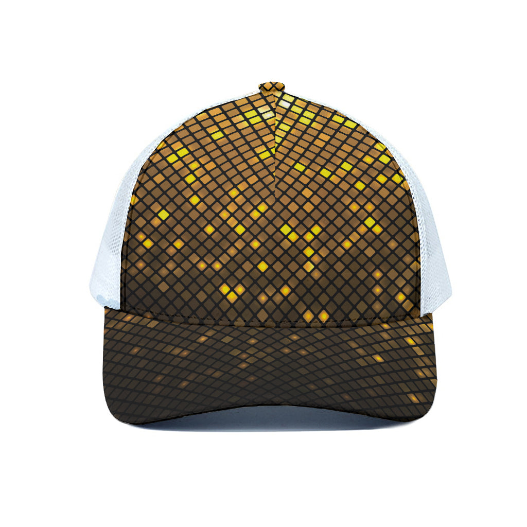 Gold Disco Lights Pattern Print White Mesh Trucker Cap