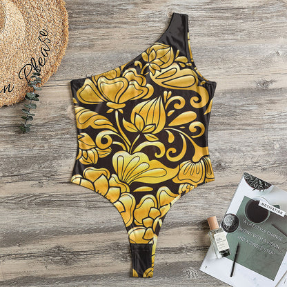 Gold Easter Egg Print One Shoulder Bodysuit