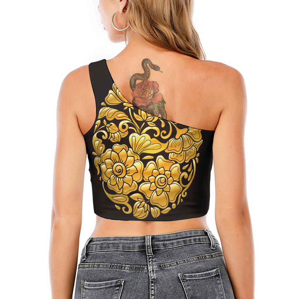 Gold Easter Egg Print One Shoulder Crop Top