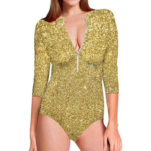 Gold Glitter Artwork Print (NOT Real Glitter) Long Sleeve Swimsuit