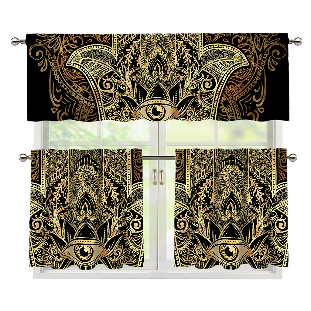 Gold Hamsa Hand Print 3 Piece Kitchen Curtains