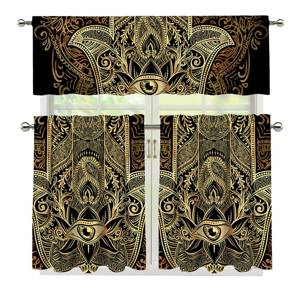 Gold Hamsa Hand Print 3 Piece Kitchen Curtains