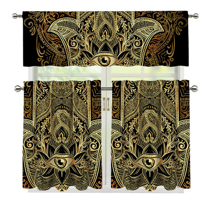 Gold Hamsa Hand Print 3 Piece Kitchen Curtains