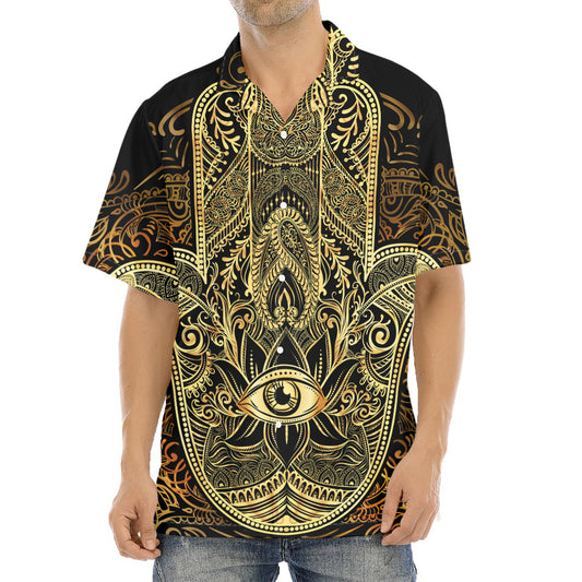 Gold Hamsa Hand Print Aloha Shirt
