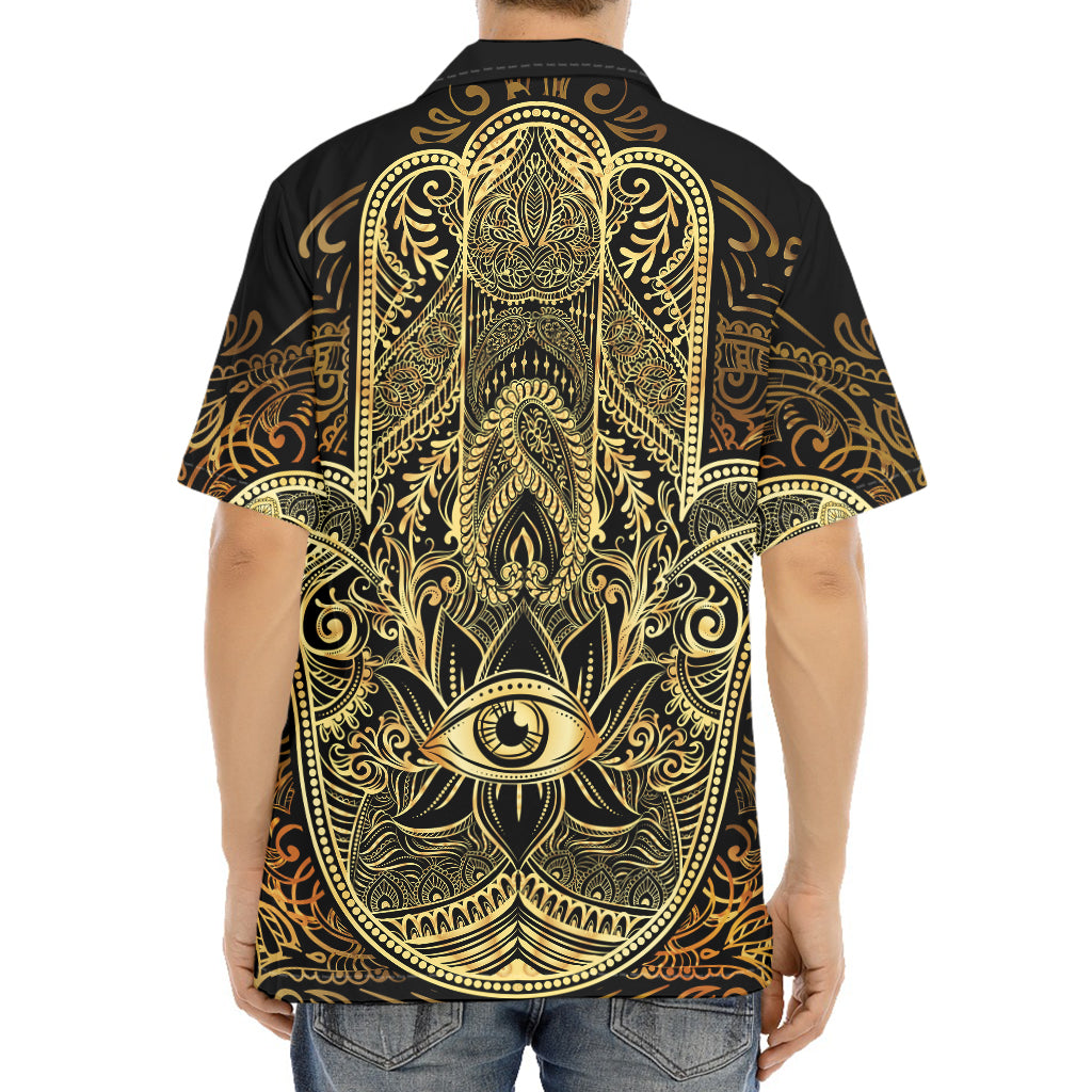 Gold Hamsa Hand Print Aloha Shirt