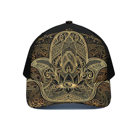 Gold Hamsa Hand Print Black Mesh Trucker Cap