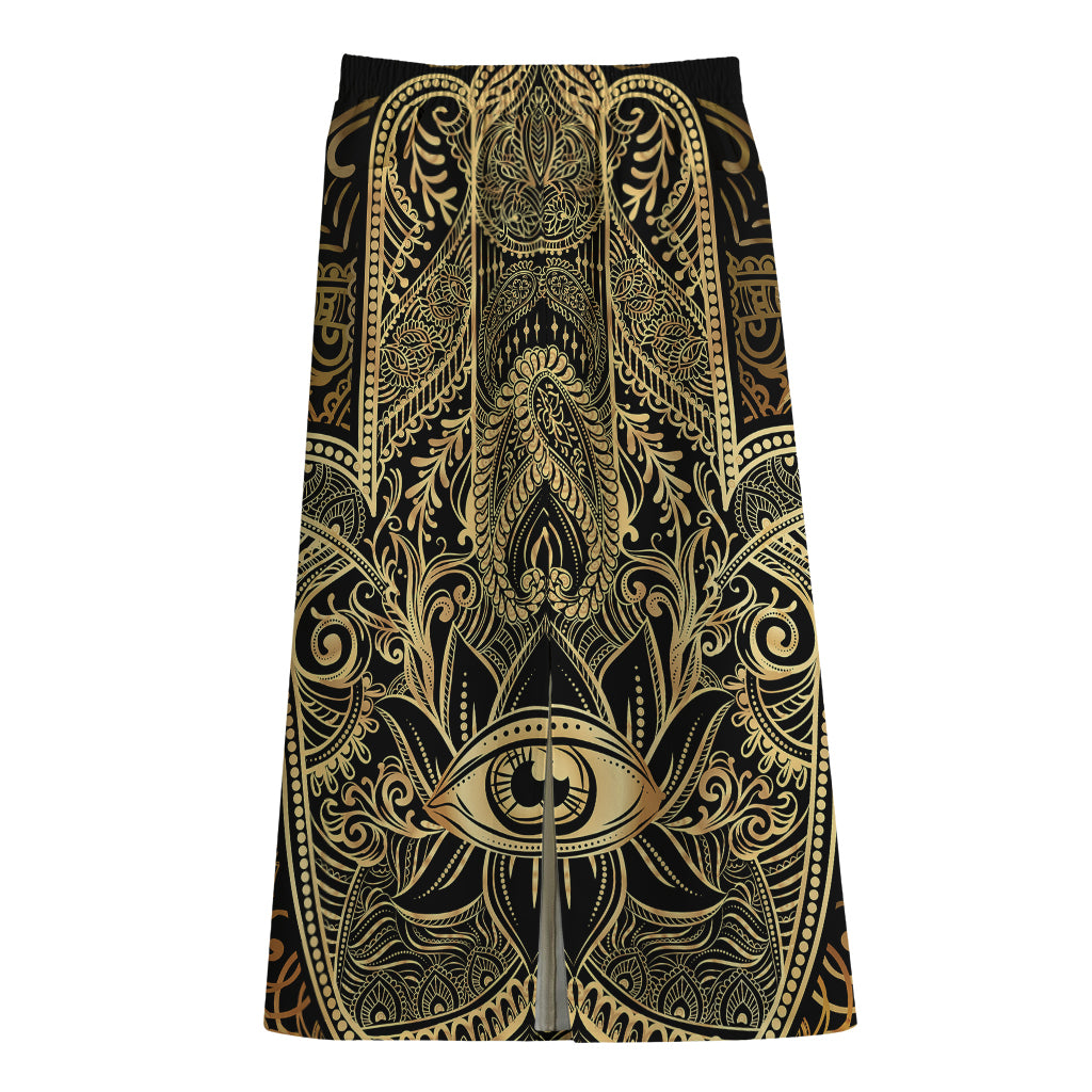 Gold Hamsa Hand Print Cotton Front Slit Maxi Skirt