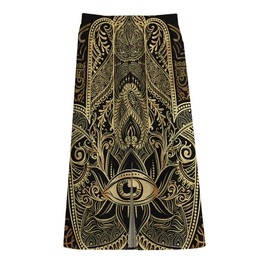 Gold Hamsa Hand Print Cotton Front Slit Maxi Skirt