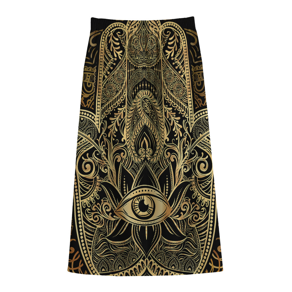 Gold Hamsa Hand Print Cotton Front Slit Maxi Skirt