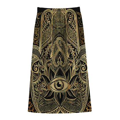 Gold Hamsa Hand Print Cotton Front Slit Maxi Skirt