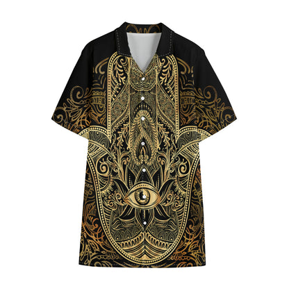 Gold Hamsa Hand Print Cotton Hawaiian Shirt