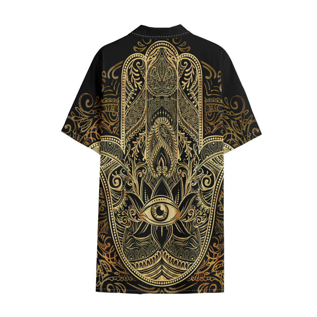Gold Hamsa Hand Print Cotton Hawaiian Shirt