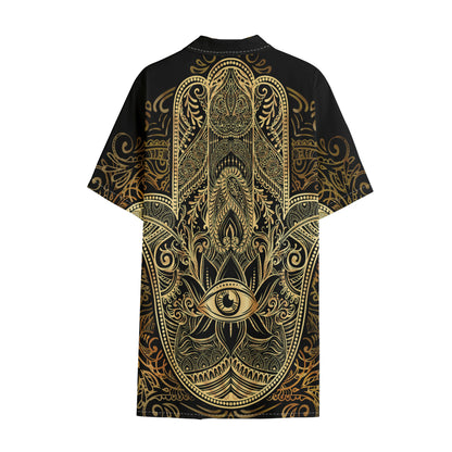 Gold Hamsa Hand Print Cotton Hawaiian Shirt