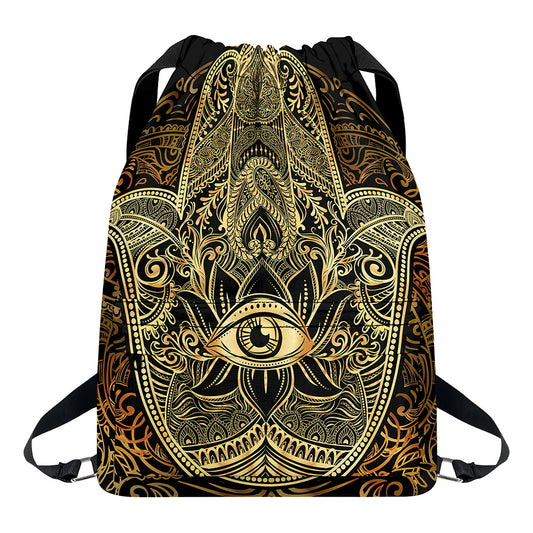 Gold Hamsa Hand Print Drawstring Backpack