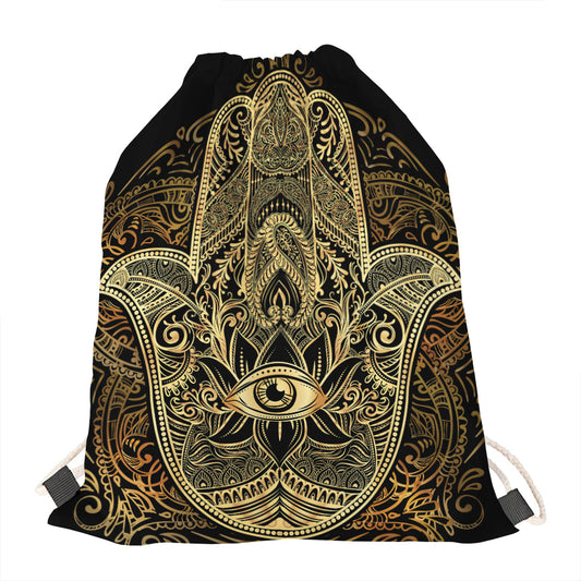 Gold Hamsa Hand Print Drawstring Bag