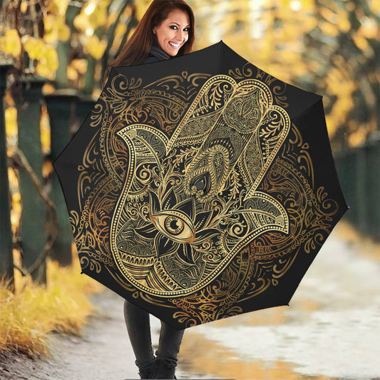 Gold Hamsa Hand Print Foldable Umbrella