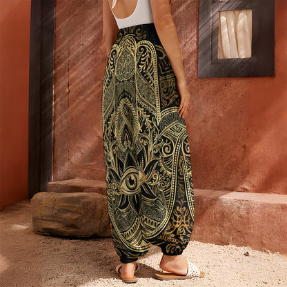 Gold Hamsa Hand Print Harem Pants