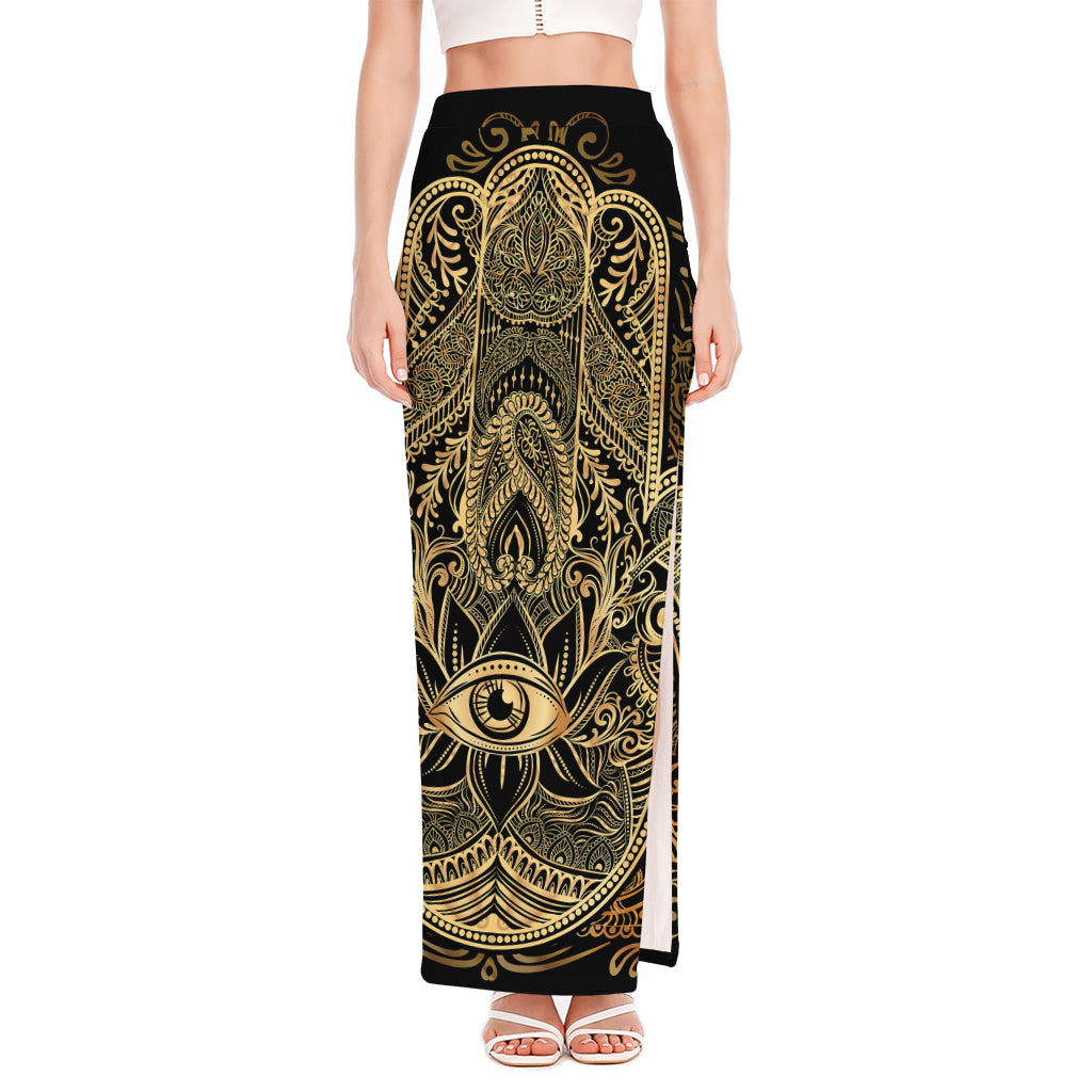 Gold Hamsa Hand Print High Slit Maxi Skirt