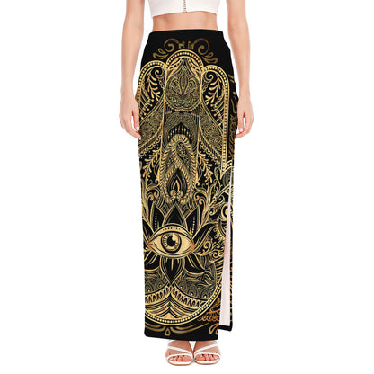 Gold Hamsa Hand Print High Slit Maxi Skirt