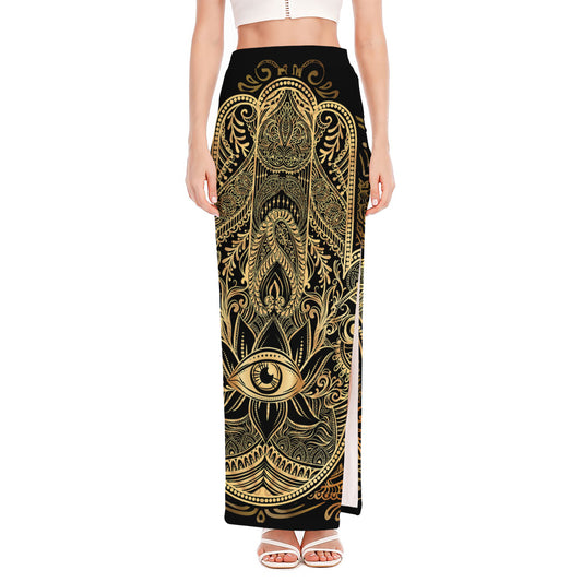 Gold Hamsa Hand Print High Slit Maxi Skirt