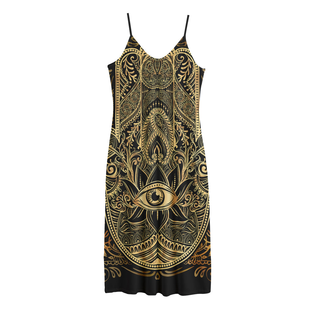 Gold Hamsa Hand Print Jersey Midi Cami Dress