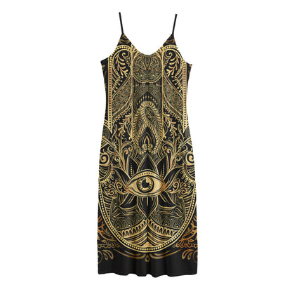 Gold Hamsa Hand Print Jersey Midi Cami Dress