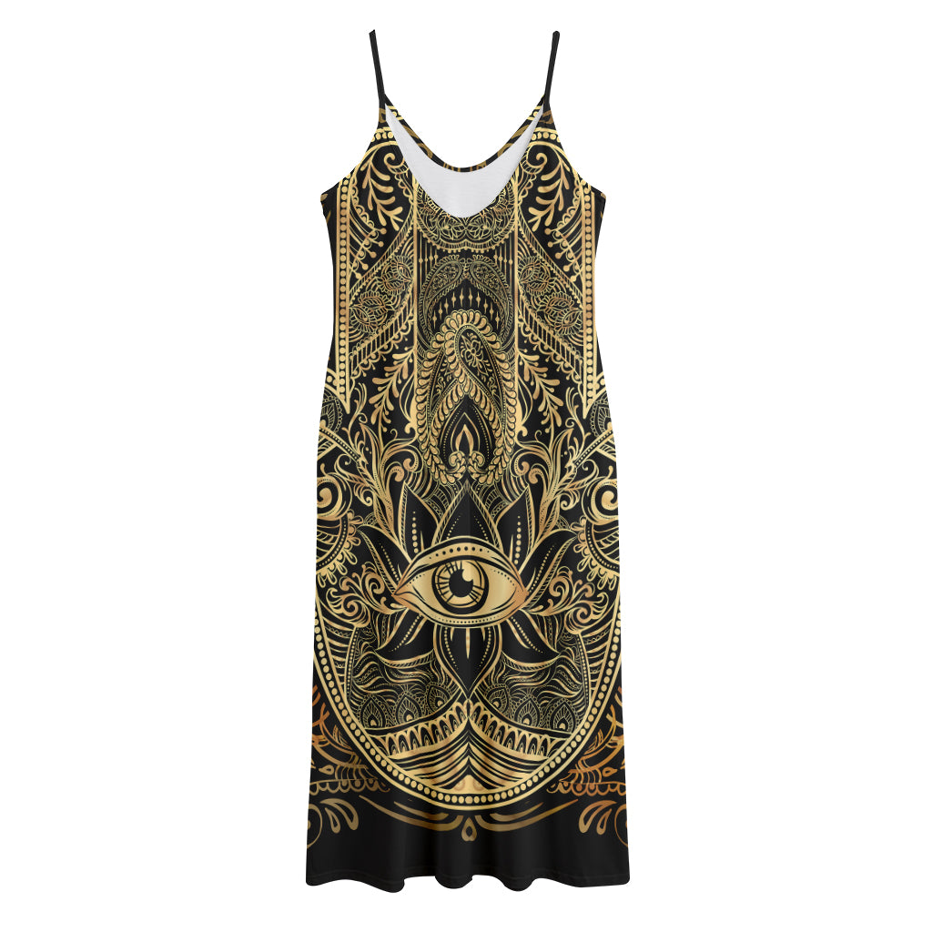Gold Hamsa Hand Print Jersey Midi Cami Dress