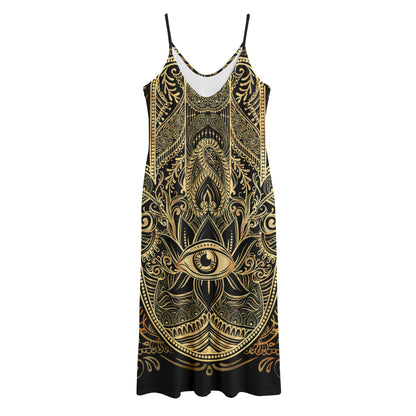 Gold Hamsa Hand Print Jersey Midi Cami Dress