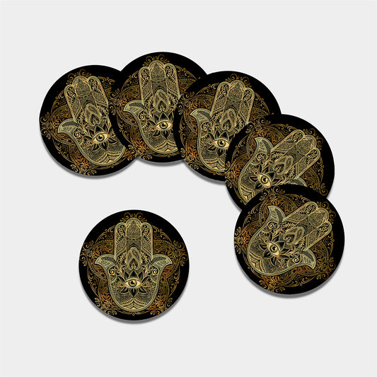 Gold Hamsa Hand Print Leather Coaster Set