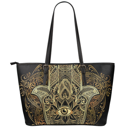 Gold Hamsa Hand Print Leather Tote Bag