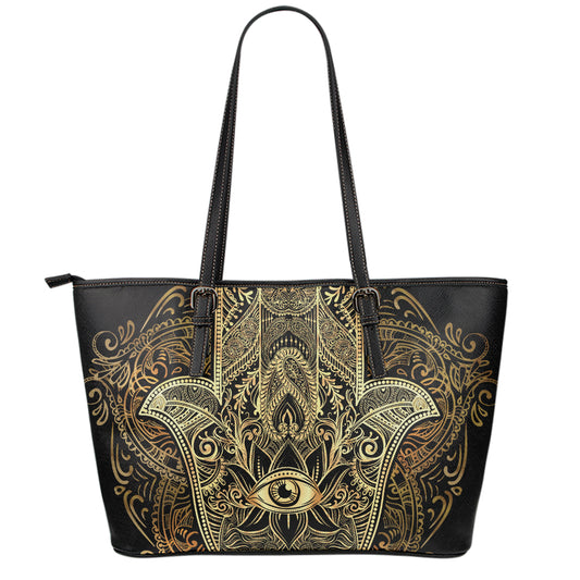 Gold Hamsa Hand Print Leather Tote Bag