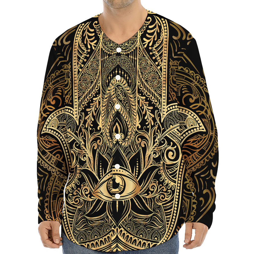 Gold Hamsa Hand Print Long Sleeve Baseball Jersey