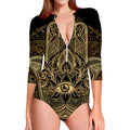 Gold Hamsa Hand Print Long Sleeve Swimsuit