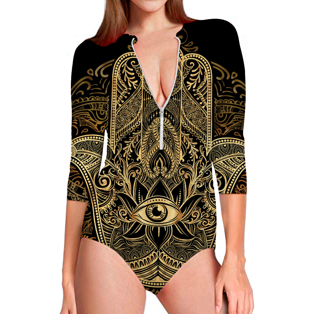 Gold Hamsa Hand Print Long Sleeve Swimsuit