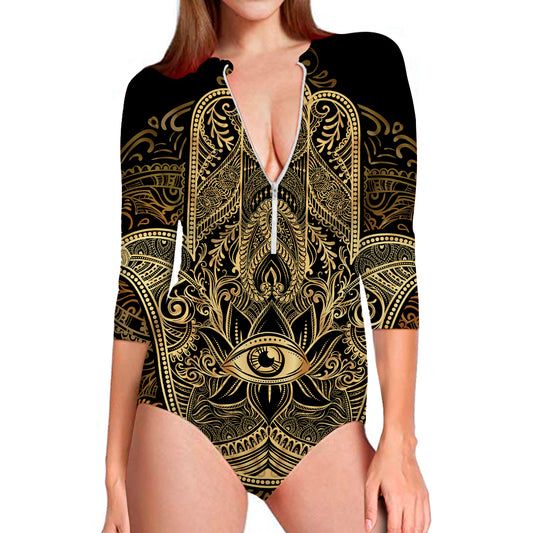 Gold Hamsa Hand Print Long Sleeve Swimsuit