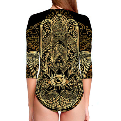 Gold Hamsa Hand Print Long Sleeve Swimsuit
