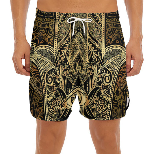 Gold Hamsa Hand Print Men's Split Running Shorts