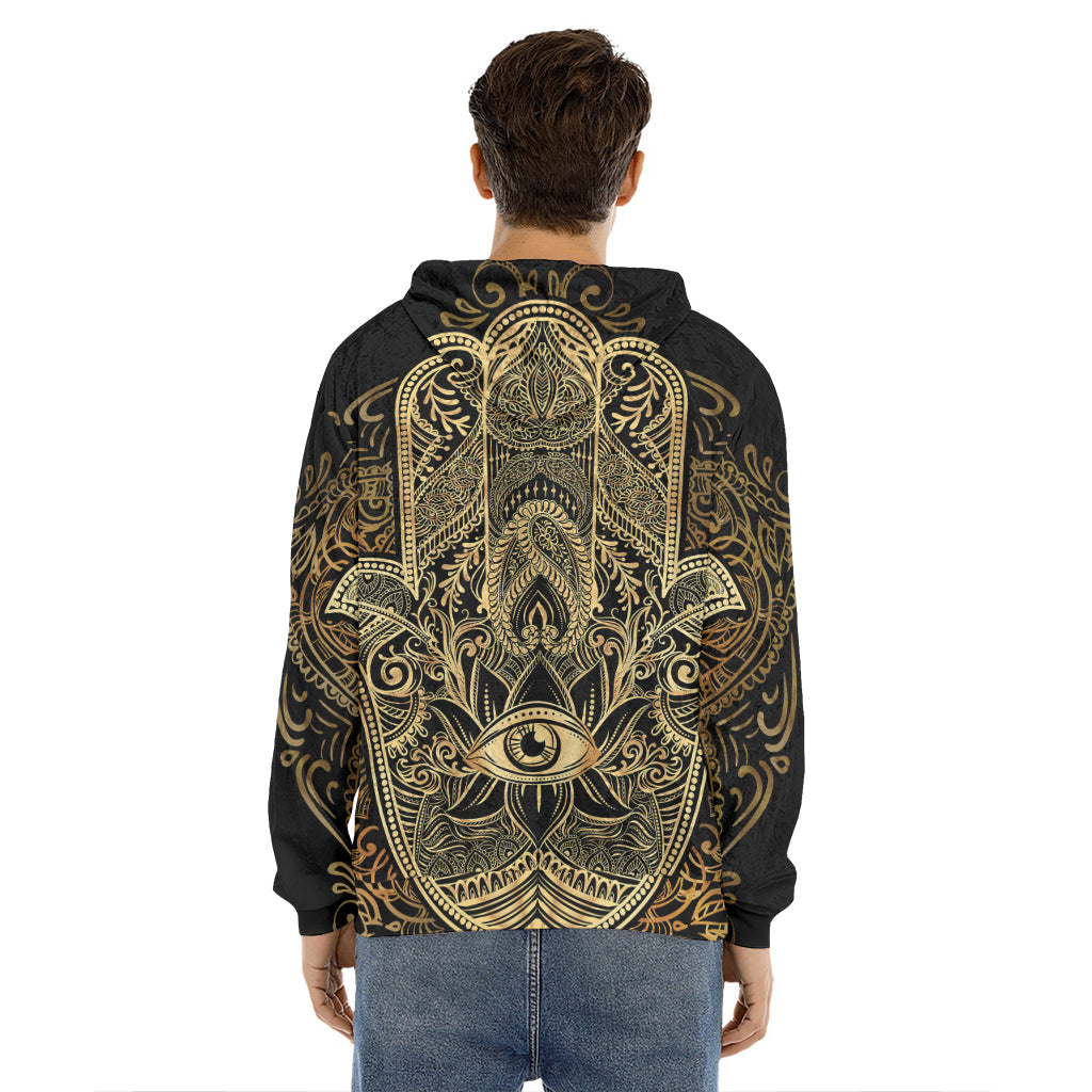 Gold Hamsa Hand Print Men's Velvet Pullover Hoodie