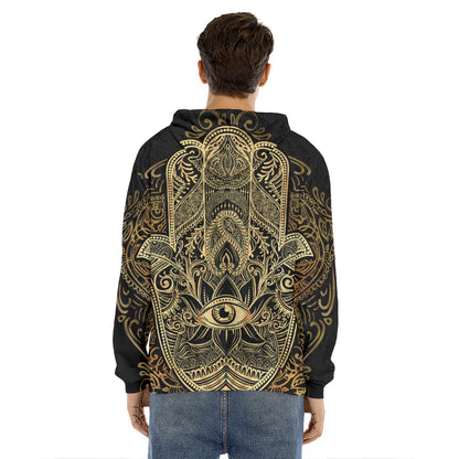 Gold Hamsa Hand Print Men's Velvet Pullover Hoodie