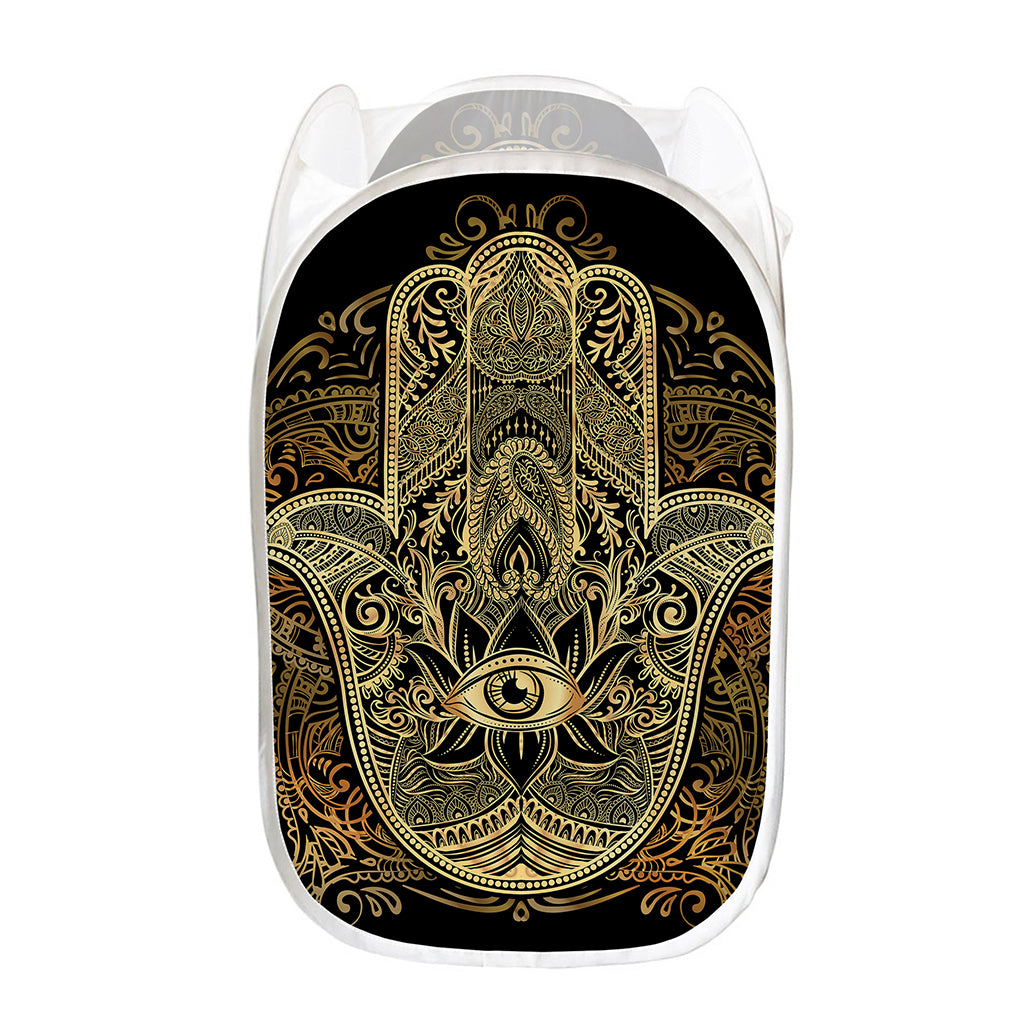 Gold Hamsa Hand Print Mesh Laundry Hamper