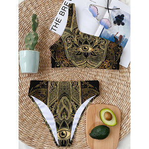 Gold Hamsa Hand Print One Shoulder Bikini Top