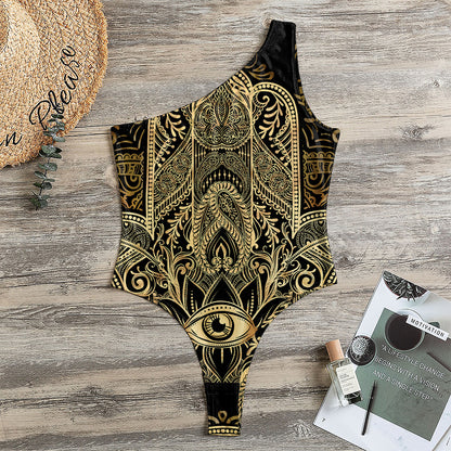 Gold Hamsa Hand Print One Shoulder Bodysuit