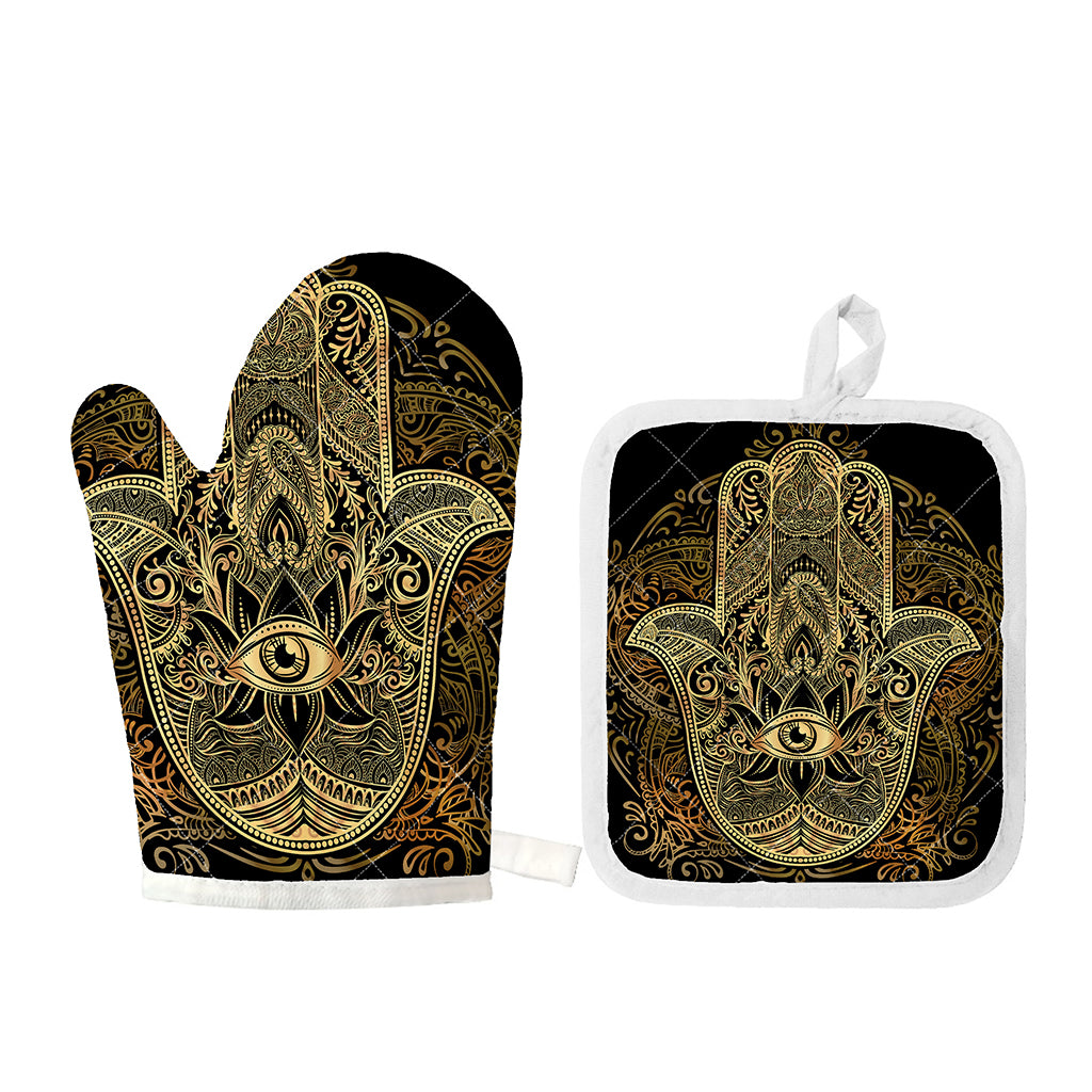 Gold Hamsa Hand Print Oven Mitt And Pot Holder Set