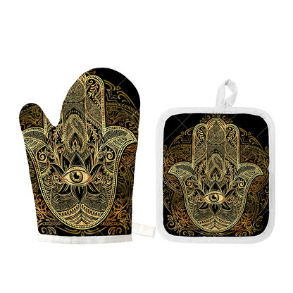 Gold Hamsa Hand Print Oven Mitt And Pot Holder Set