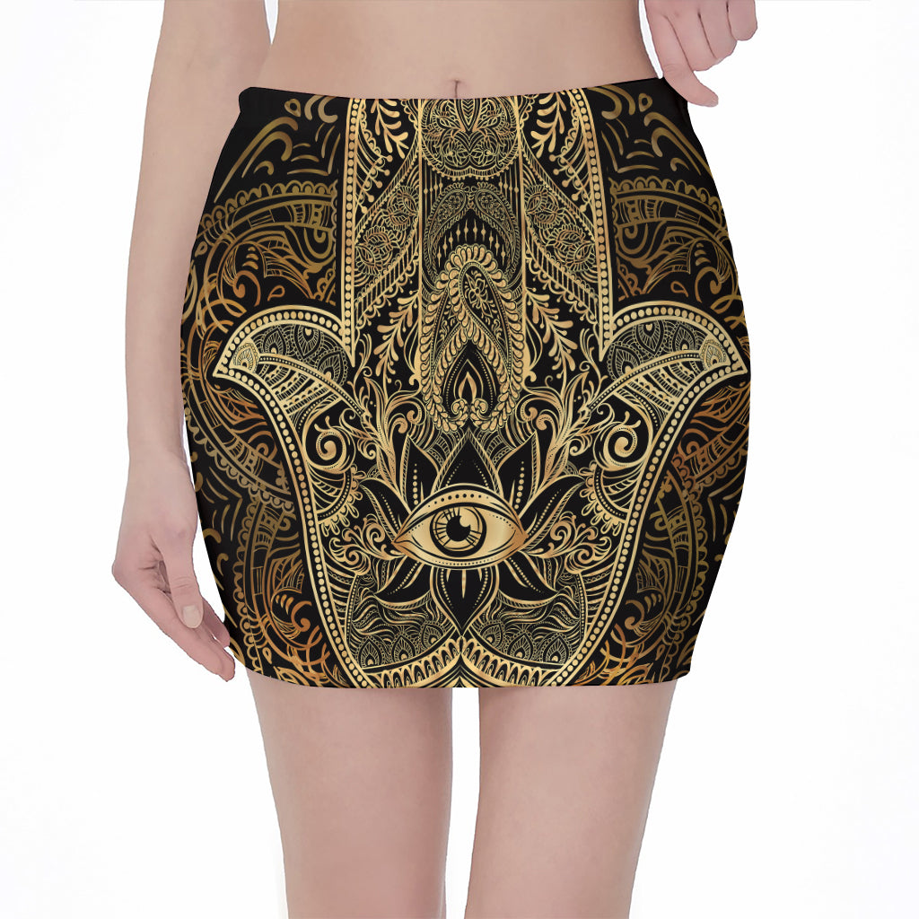 Gold Hamsa Hand Print Pencil Mini Skirt