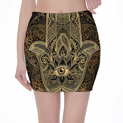 Gold Hamsa Hand Print Pencil Mini Skirt
