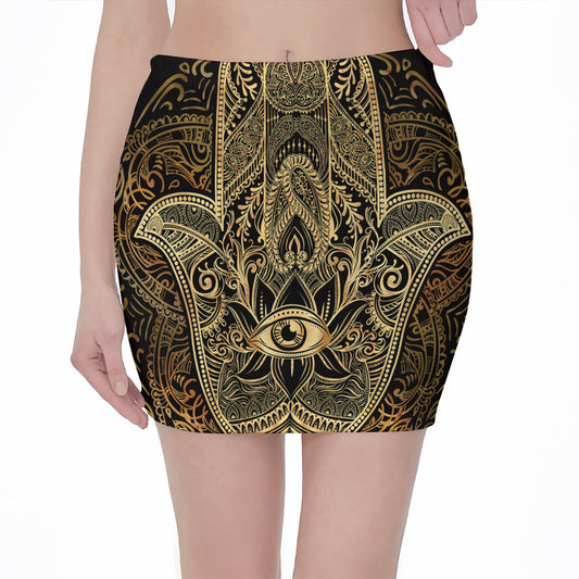Gold Hamsa Hand Print Pencil Mini Skirt