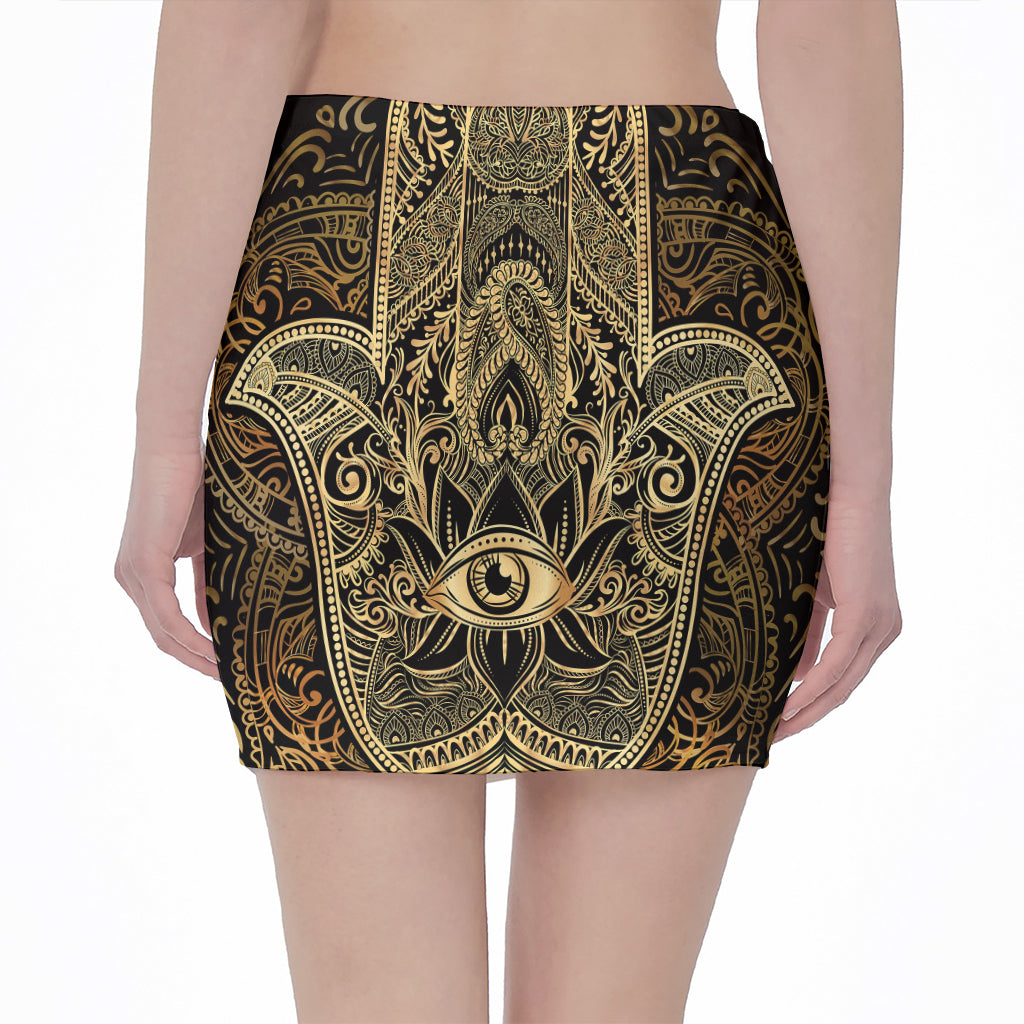 Gold Hamsa Hand Print Pencil Mini Skirt