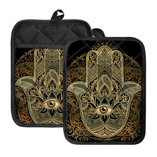 Gold Hamsa Hand Print Pot Holders With Pocket